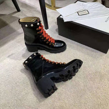 Load image into Gallery viewer, Gucci Women Leather Ankle Boot with Red Laces in Black Shiny Leather