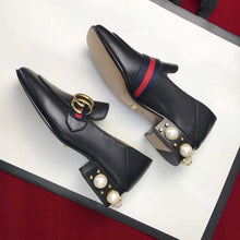 Load image into Gallery viewer, Gucci Women Leather Mid-Heel Loafer with Blue and Red Web-Black