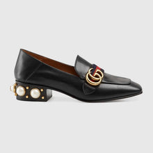 Load image into Gallery viewer, Gucci Women Leather Mid-Heel Loafer with Blue and Red Web-Black