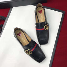 Load image into Gallery viewer, Gucci Women Leather Mid-Heel Loafer with Blue and Red Web-Black