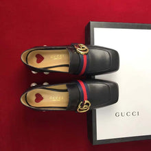Load image into Gallery viewer, Gucci Women Leather Mid-Heel Loafer with Blue and Red Web-Black