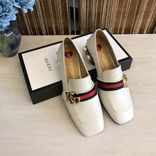 Load image into Gallery viewer, Gucci Women Leather Mid-Heel Loafer with Blue and Red Web-White