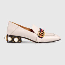 Load image into Gallery viewer, Gucci Women Leather Mid-Heel Loafer with Blue and Red Web-White