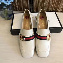 Load image into Gallery viewer, Gucci Women Leather Mid-Heel Loafer with Blue and Red Web-White