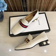 Load image into Gallery viewer, Gucci Women Leather Mid-Heel Loafer with Blue and Red Web-White