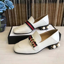 Load image into Gallery viewer, Gucci Women Leather Mid-Heel Loafer with Blue and Red Web-White