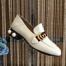 Load image into Gallery viewer, Gucci Women Leather Mid-Heel Loafer with Blue and Red Web-White
