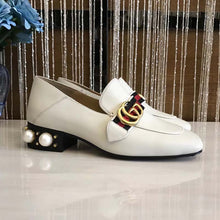 Load image into Gallery viewer, Gucci Women Leather Mid-Heel Loafer with Blue and Red Web-White