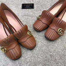 Load image into Gallery viewer, Gucci Women Leather Mid-Heel Pump with Fringe 5.1cm Heel-Brown