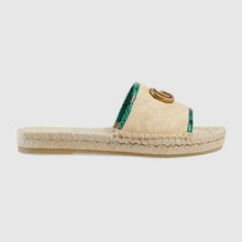 Load image into Gallery viewer, Gucci Women Online Exclusive Chevron Raffia Espadrille Slide with Double G-Sandy