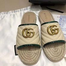 Load image into Gallery viewer, Gucci Women Online Exclusive Chevron Raffia Espadrille Slide with Double G-Sandy