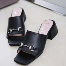 Load image into Gallery viewer, Gucci Women Patent Leather Mid-Heel Slide 5.1cm Chunky Heel-Black