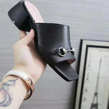 Load image into Gallery viewer, Gucci Women Patent Leather Mid-Heel Slide 5.1cm Chunky Heel-Black