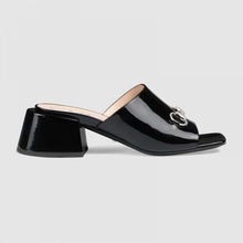 Load image into Gallery viewer, Gucci Women Patent Leather Mid-Heel Slide 5.1cm Chunky Heel-Black