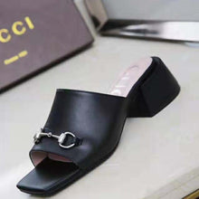Load image into Gallery viewer, Gucci Women Patent Leather Mid-Heel Slide 5.1cm Chunky Heel-Black