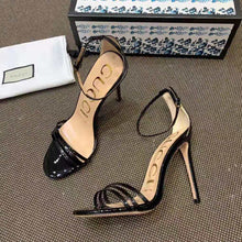 Load image into Gallery viewer, Gucci Women Patent Leather Sandal 11.4cm Thin Heel-Black