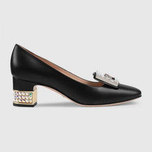 Load image into Gallery viewer, Gucci Women Shoe Leather Mid-Heel Pump with Crystal G 50mm Heel-Black