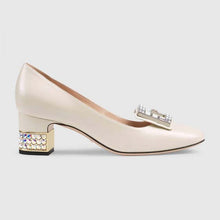 Load image into Gallery viewer, Gucci Women Shoe Leather Mid-Heel Pump with Crystal G 50mm Heel-White