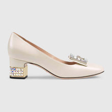 Load image into Gallery viewer, Gucci Women Shoe Leather Mid-Heel Pump with Crystal G 50mm Heel-White
