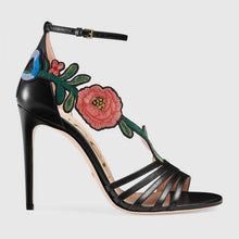 Load image into Gallery viewer, Gucci Women Shoes Embroidered Leather Mid-Heel Sandal 100mm Heel-Black