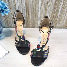 Load image into Gallery viewer, Gucci Women Shoes Embroidered Leather Mid-Heel Sandal 100mm Heel-Black