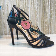 Load image into Gallery viewer, Gucci Women Shoes Embroidered Leather Mid-Heel Sandal 100mm Heel-Black