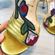 Load image into Gallery viewer, Gucci Women Shoes Embroidered Leather Mid-Heel Sandal 100mm Heel-Yellow