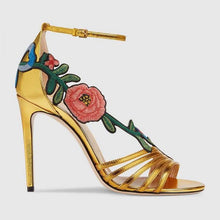 Load image into Gallery viewer, Gucci Women Shoes Embroidered Leather Mid-Heel Sandal 100mm Heel-Yellow