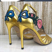 Load image into Gallery viewer, Gucci Women Shoes Embroidered Leather Mid-Heel Sandal 100mm Heel-Yellow