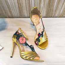 Load image into Gallery viewer, Gucci Women Shoes Embroidered Leather Mid-Heel Sandal 100mm Heel-Yellow