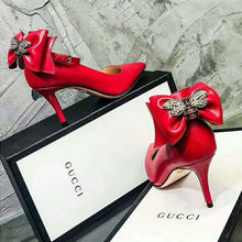 Load image into Gallery viewer, Gucci Women Shoes Leather Pump with Bow 85mm Heel-Red