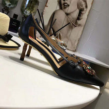 Load image into Gallery viewer, Gucci Women Shoes Metallic Leather Pump with Crystal Double G 50mm Heel-Black
