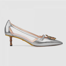 Load image into Gallery viewer, Gucci Women Shoes Metallic Leather Pump with Crystal Double G 50mm Heel-Silver