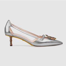 Load image into Gallery viewer, Gucci Women Shoes Metallic Leather Pump with Crystal Double G 50mm Heel-Silver