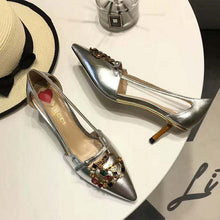 Load image into Gallery viewer, Gucci Women Shoes Metallic Leather Pump with Crystal Double G 50mm Heel-Silver