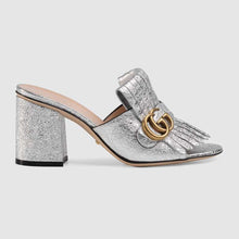 Load image into Gallery viewer, Gucci Women Suede Mid-Heel Slide 75mm Heel-Silver