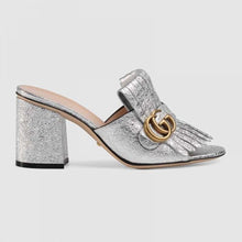 Load image into Gallery viewer, Gucci Women Suede Mid-Heel Slide 75mm Heel-Silver