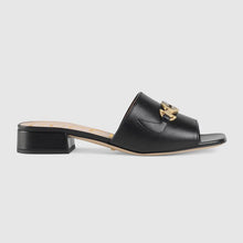Load image into Gallery viewer, Gucci Women Zumi Leather Slide Sandal Interlocking G Horsebit Black Leather 2.5 cm Heel Height