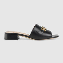 Load image into Gallery viewer, Gucci Women Zumi Leather Slide Sandal Interlocking G Horsebit Black Leather 2.5 cm Heel Height