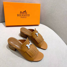 Load image into Gallery viewer, Hermes Women Alma Sandal Calfskin Fringe Detail Palladium Plated "H"-Brown