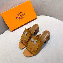 Load image into Gallery viewer, Hermes Women Alma Sandal Calfskin Fringe Detail Palladium Plated "H"-Brown