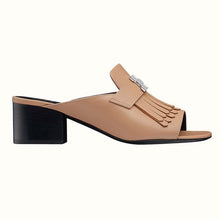 Load image into Gallery viewer, Hermes Women Alma Sandal Calfskin Fringe Detail Palladium Plated "H"-Brown