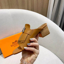 Load image into Gallery viewer, Hermes Women Alma Sandal Calfskin Fringe Detail Palladium Plated "H"-Brown