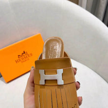 Load image into Gallery viewer, Hermes Women Alma Sandal Calfskin Fringe Detail Palladium Plated "H"-Brown