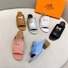 Load image into Gallery viewer, Hermes Women Alma Sandal Calfskin Fringe Detail Palladium Plated "H"-Brown