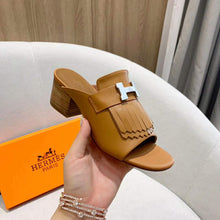 Load image into Gallery viewer, Hermes Women Alma Sandal Calfskin Fringe Detail Palladium Plated "H"-Brown