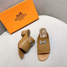 Load image into Gallery viewer, Hermes Women Alma Sandal Calfskin Fringe Detail Palladium Plated "H"-Brown