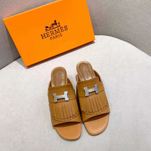 Load image into Gallery viewer, Hermes Women Alma Sandal Calfskin Fringe Detail Palladium Plated "H"-Brown