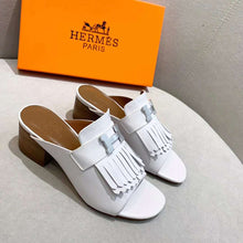 Load image into Gallery viewer, Hermes Women Alma Sandal Calfskin Fringe Detail Palladium Plated "H"-White