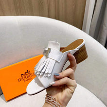 Load image into Gallery viewer, Hermes Women Alma Sandal Calfskin Fringe Detail Palladium Plated "H"-White